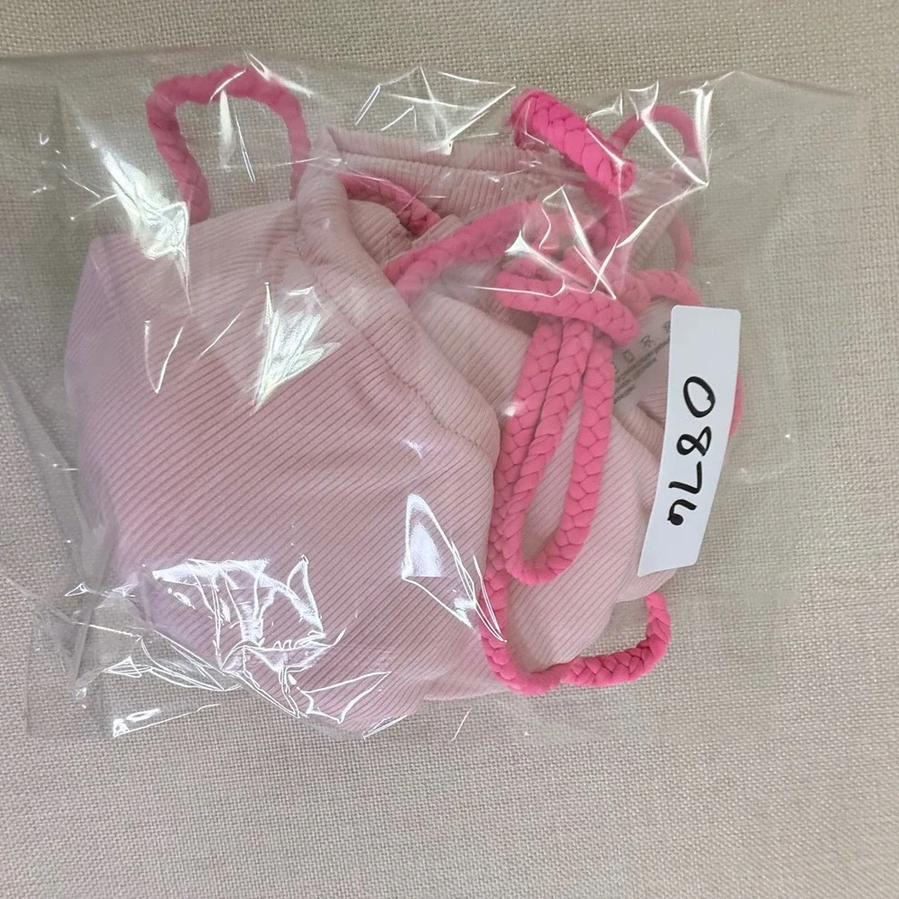 ZAFUL Pink Ribbed Bikini Set Braided Rope Straps High Cut Swimsuit Small